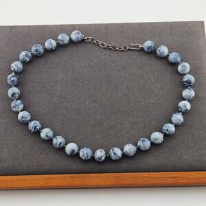 Blue Round Marbled Beaded Necklace Swirl Earthy Boho Natural Woodland Fairycore